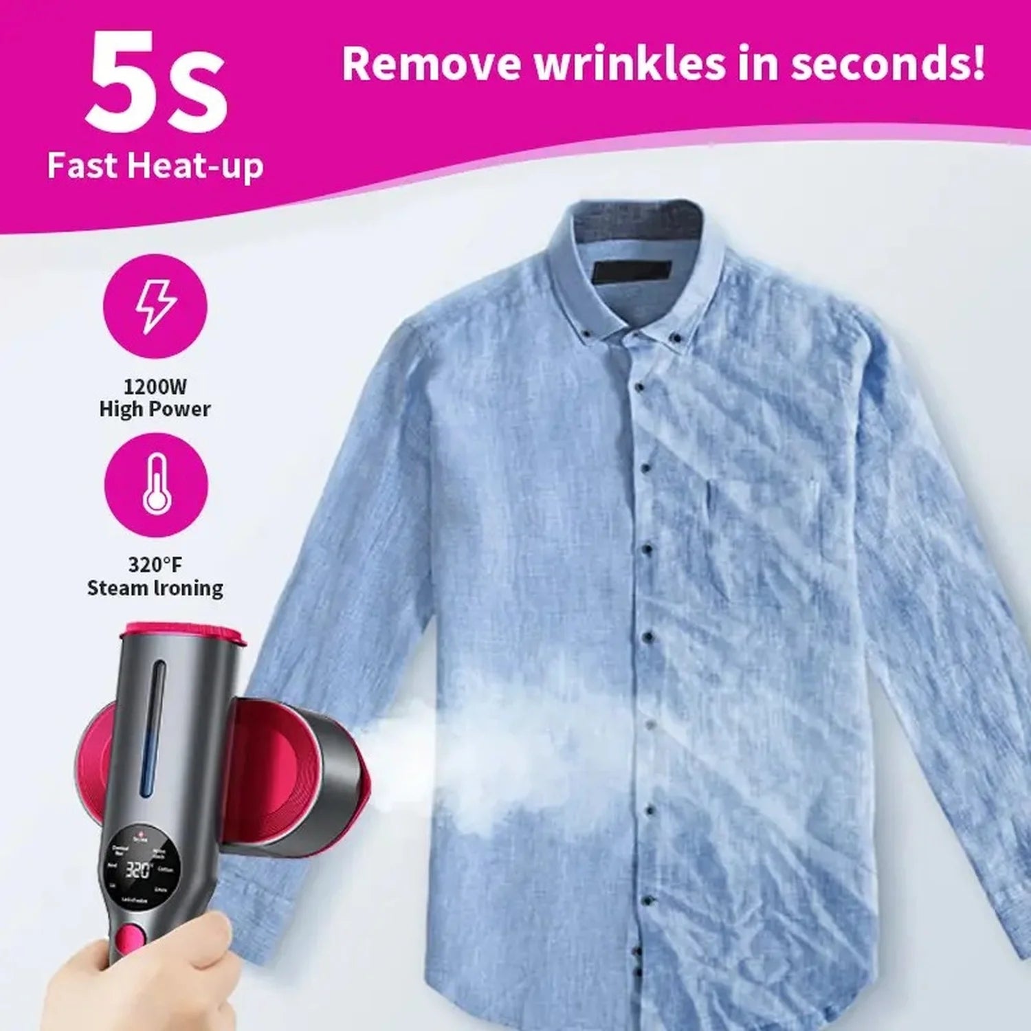 Dr Flash 7-Mode Handheld Garment Steamer, 1200W Portable Travel Steamer with LED Display and 90-Degree Rotatable Handle